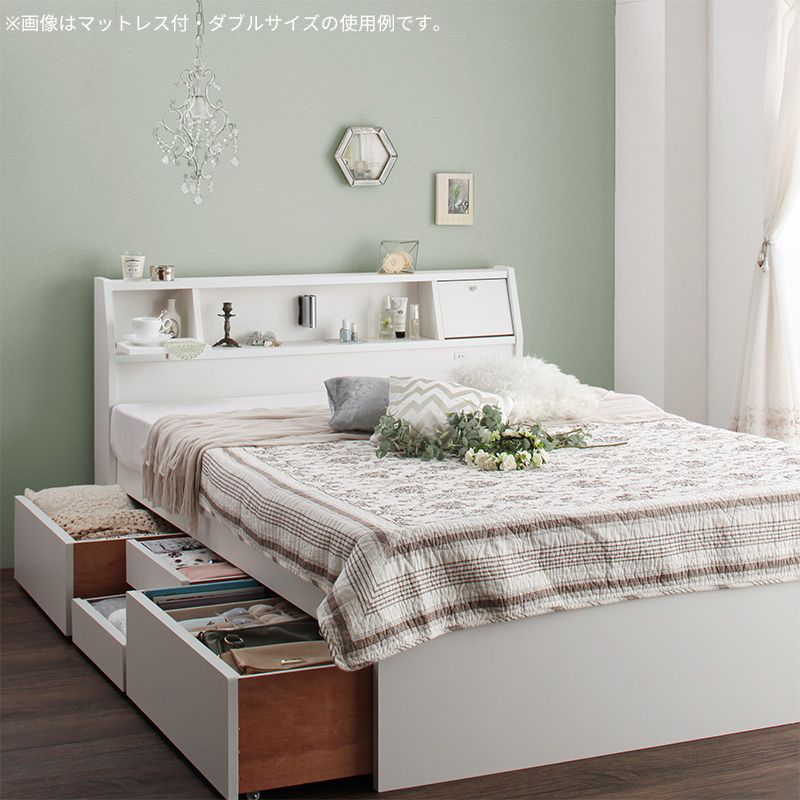 フラップ棚・照明・コンセント付多機能チェストベッド Adonis アドニス ポケットコイルマットレス付 セミダブル フレームカラー ホワイト