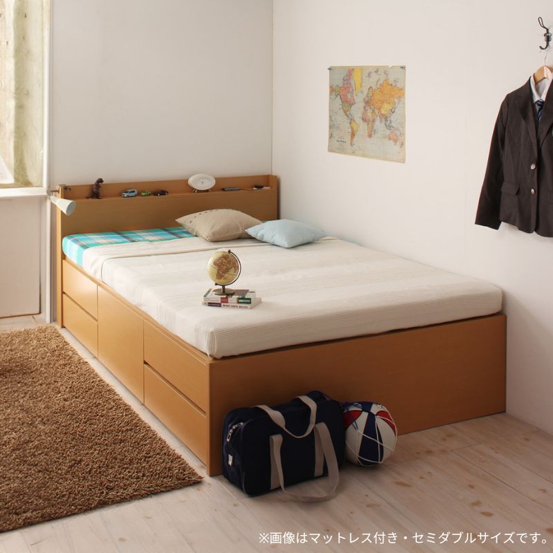 棚・コンセント付きチェストベッド Steady ステディ ホテルプレミアムマットレス付 シングル フレームカラー ナチュラル お客様組立