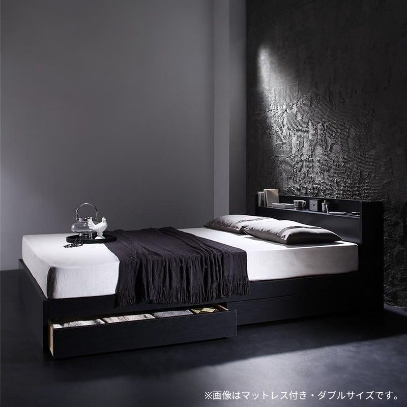 棚・コンセント付き収納ベッド VEGA ヴェガ プレミアムボンネル付 ダブル フレームカラー ブラック マットレスカラー ブラック 組立設置サービス付き