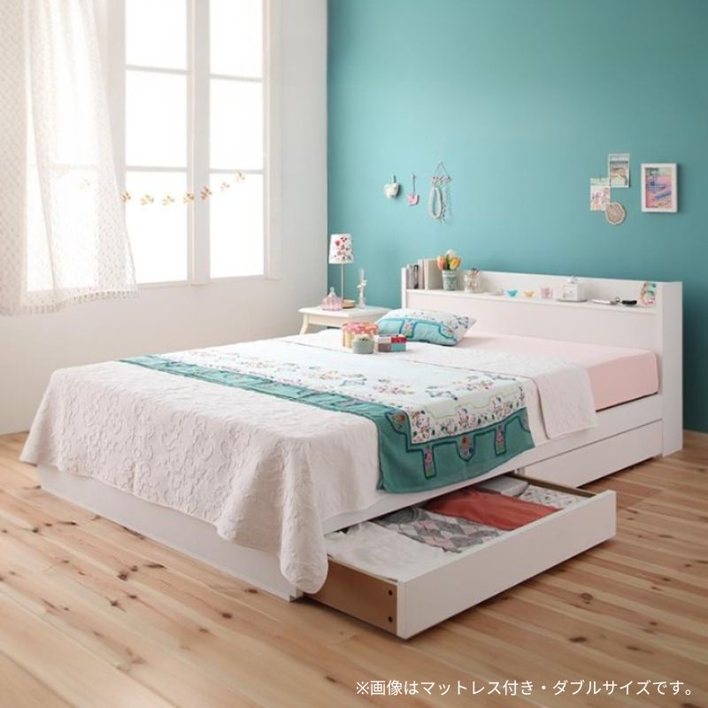 棚・コンセント付き収納ベッド Fleur フルール スタンダードポケット 専用リネン無 シングル レギュラー丈 フレームカラー ホワイト 寝具カラー ブラック お客様組立