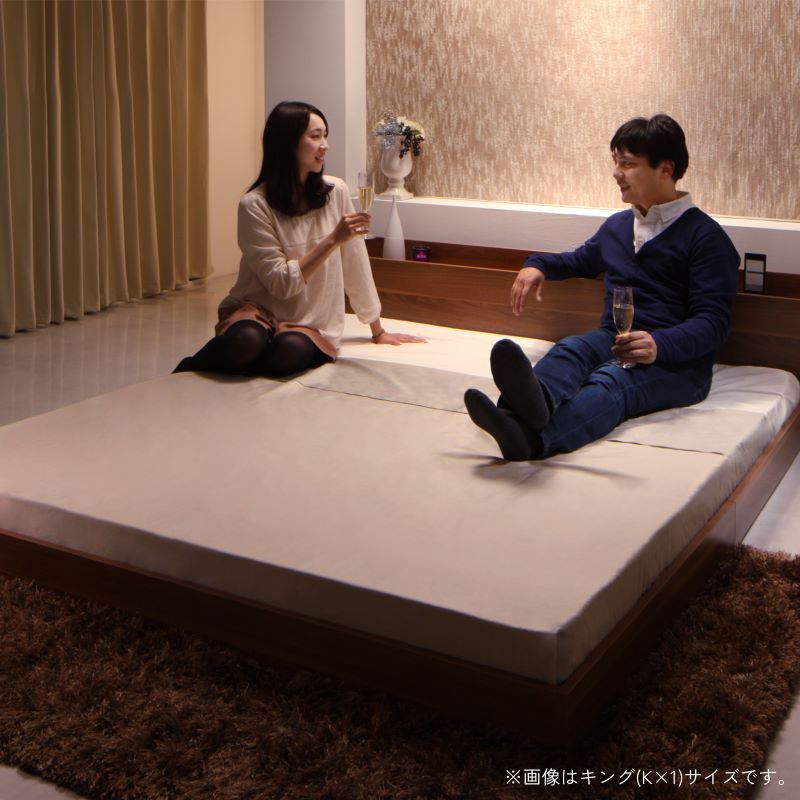 棚・コンセント付きフロアベッド mon ange モナンジェ 国産カバーポケット付 セミダブル フレームカラー ウォルナットブラウン マットレスカラー お客様組立