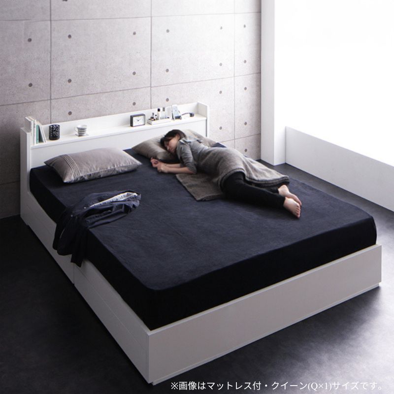 棚・コンセント付収納ベッド Rizeros リゼロス 国産カバーポケット付 クイーン(Q×1) フレームカラー ホワイト マットレスカラー グレー 組立設置サービス付き