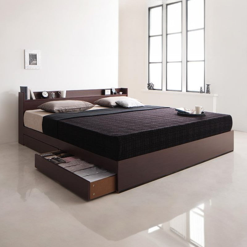 棚・コンセント付収納ベッド EverKing エヴァーキング 国産カバーポケット付 キング フレームカラー ダークブラウン マットレスカラー グレー 組立設置サービス付き