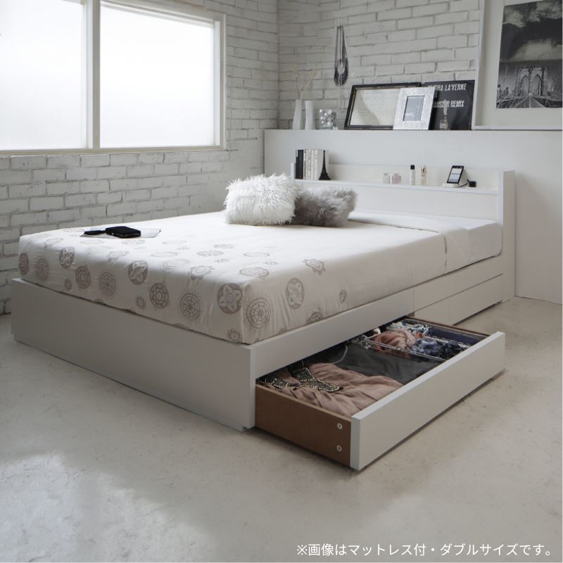 棚・コンセント付き収納すのこベッド Fort spade フォートスペイド プレミアムポケット付 シングル フレームカラー ホワイト マットレスカラー ホワイト お客様組立