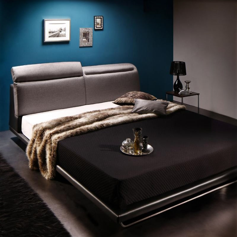 リクライニング機能付き・モダンデザインローベッド Neptuno ネプトゥーノ スタンダードボンネル付 キング フレームカラー ライトグレー×ブラックレザー マットレスカラー ブラック 組立設置サービス付き