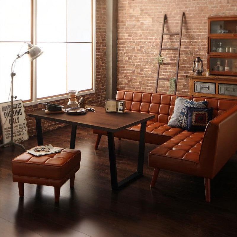 アメリカンヴィンテージ リビングダイニングセット Monica モニカ 4点:テーブル+ソファ2点+チェア 右アーム W120+2P+肘ソファ フレームカラー・座面カラー ブラウン お客様組立