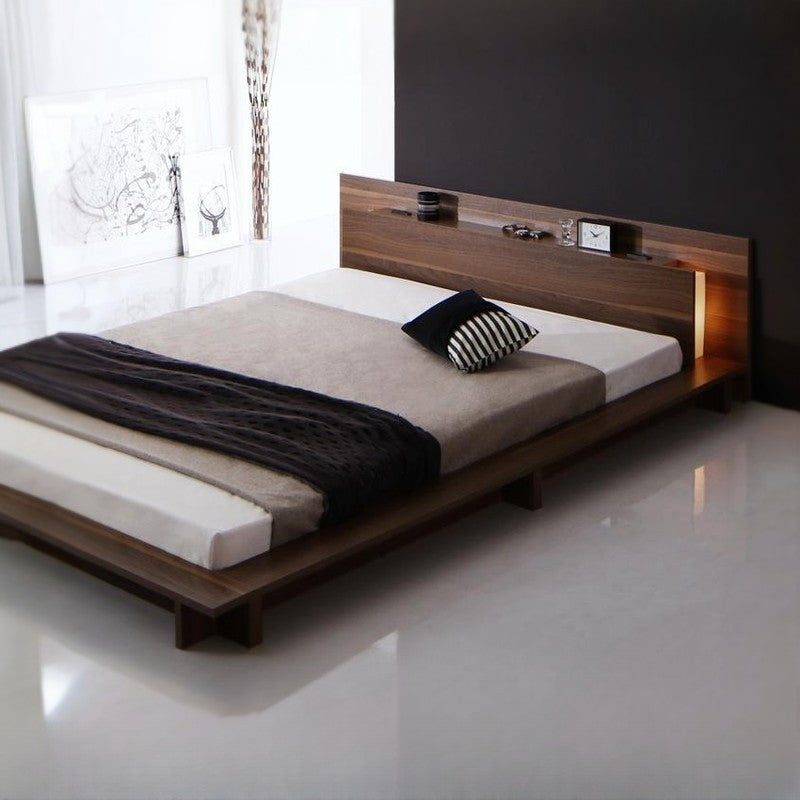 モダンライト・コンセント付きローベッド Burlington バーリントン プレミアムポケット付 ダブル フレームカラー ウォルナットブラウン マットレスカラー ブラック 組立設置サービス付き