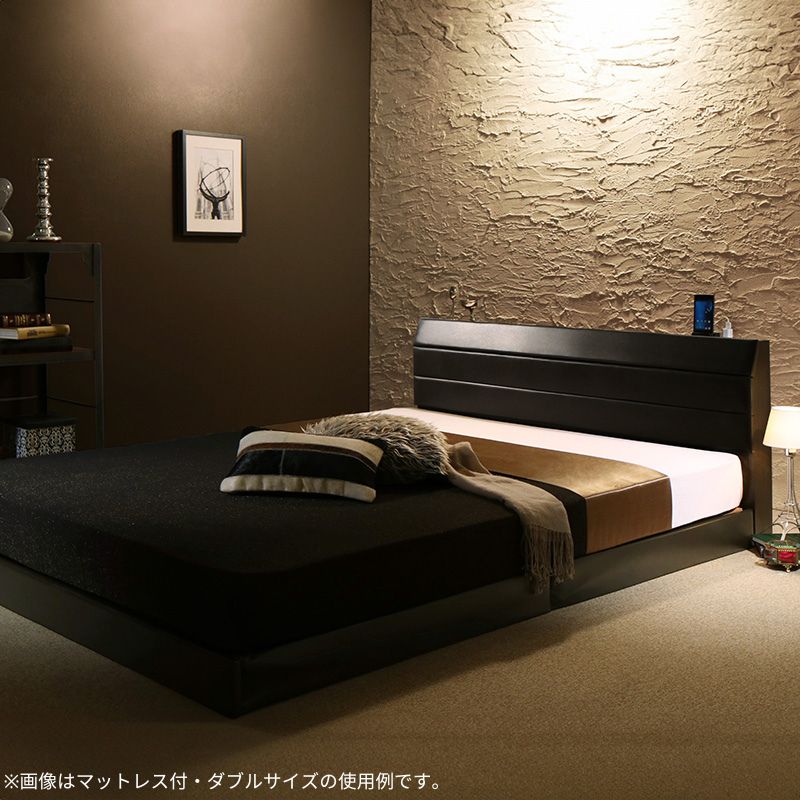 棚・コンセント付きレザーすのこベッド Ivan イヴァン ポケットコイルマットレス付 セミダブル フレームカラー ダークブラウン