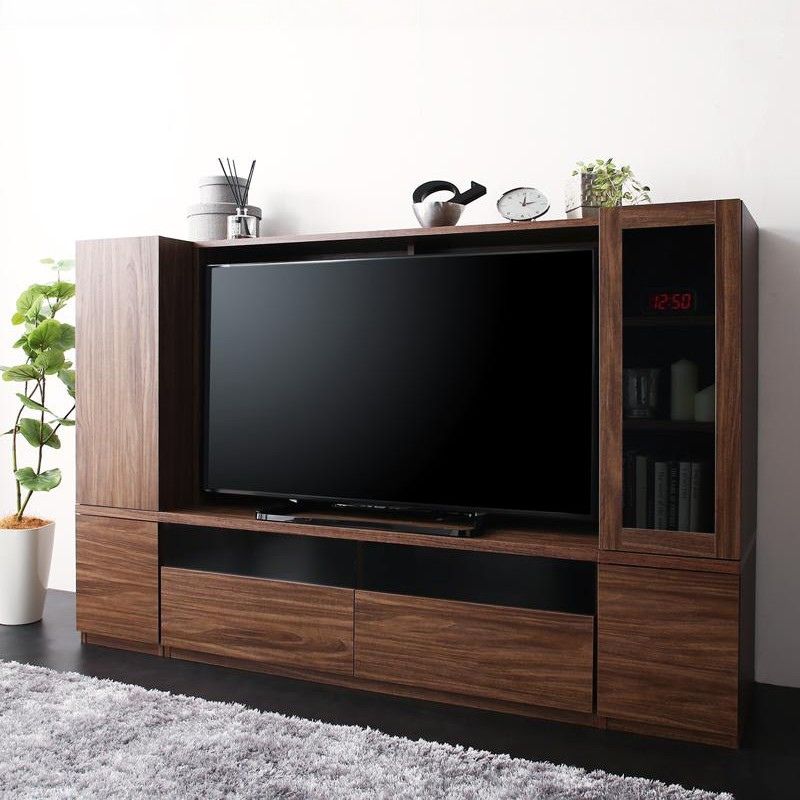 ミドルタイプテレビボードシリーズ city sign シティサイン 3点:テレビ台+木扉&ガラス扉 本体カラー ウォルナットブラウン