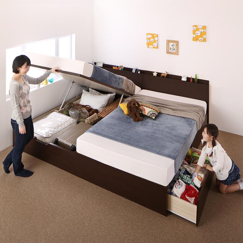 壁付できる棚コンセント付国産ファミリー収納ベッド Kirchen キルヒェン スタンダードポケット付 A+Bタイプ ワイドK240(SD×2) フレームカラー ダークブラウン マットレスカラー 組立設置サービス付き