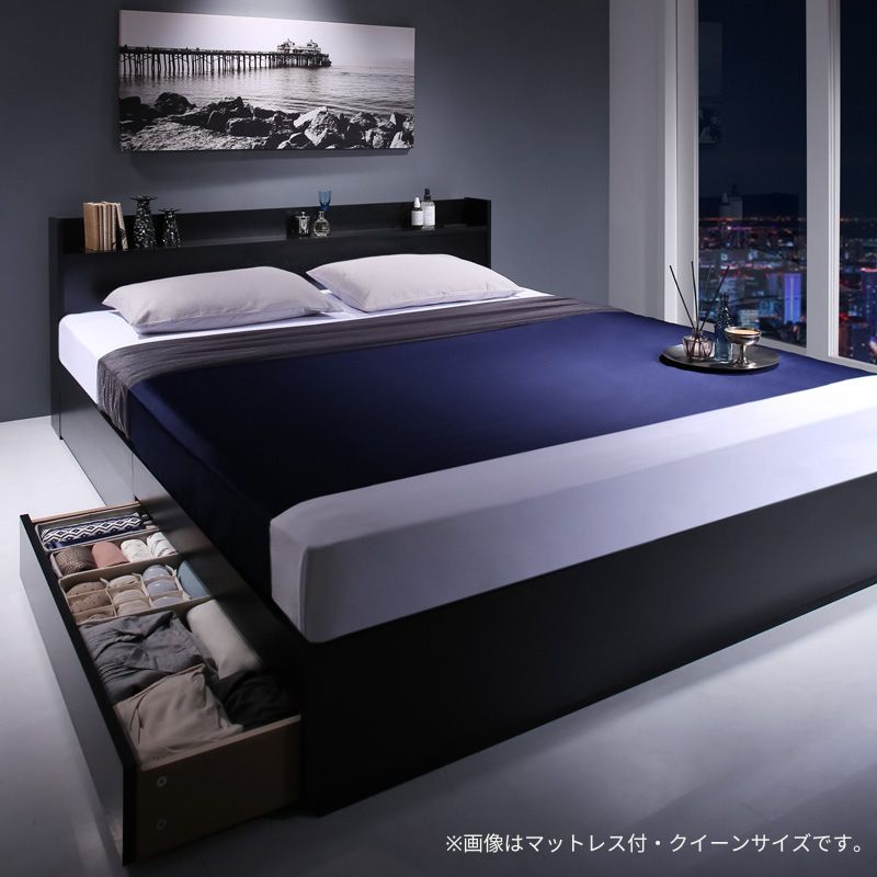 棚・コンセント付収納ベッド Milliald ミリアルド スタンダードポケット付 ダブル フレームカラー ブラック マットレスカラー ブラック お客様組立