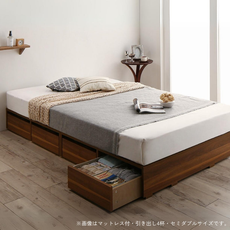 選べる引出収納付きシンプルデザインローベッド Menoce メノーチェ スタンダードポケット付 引き出し無 セミダブル フレームカラー ウォルナットブラウン マットレスカラー ブラック 組立設置サービス付き