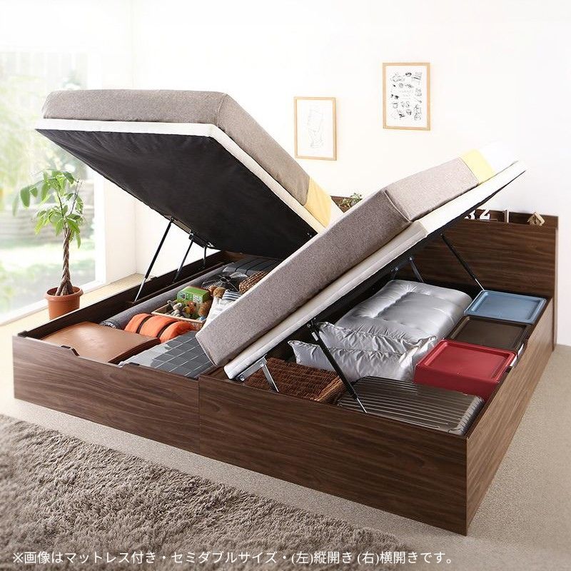 通気性抜群 棚コンセント付 跳ね上げベッド Prostor2 プロストル2 スタンダードポケット付 横開き 一枚床板 セミダブル フレームカラー ウォルナットブラウン マットレスカラー ブラック 組立設置サービス付き
