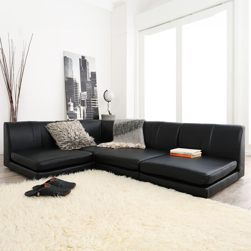 ローソファー コーナー フロアソファー floor corner sofa 1P×3+コーナー 座面カラー PVCレザー/ブラック