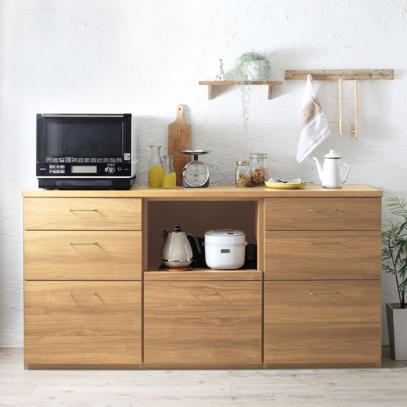 日本製完成品 幅180cmの木目調ワイドキッチンカウンター Chelitta チェリッタ 3点 引出し+引出し+レンジ台 本体カラー オークナチュラル