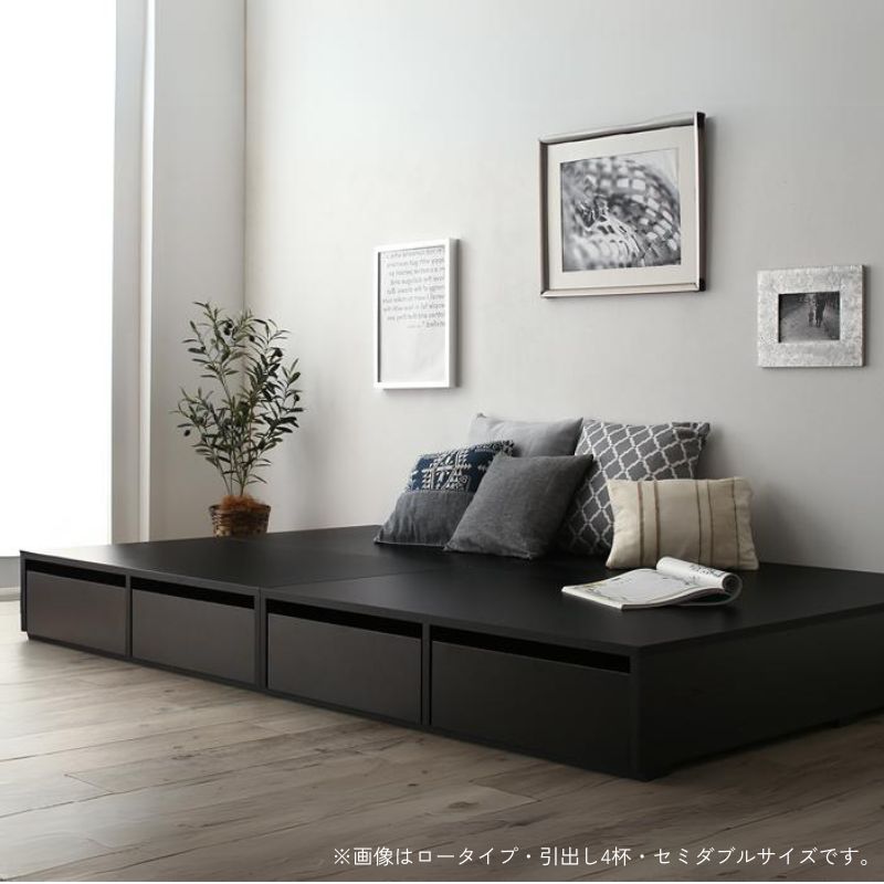 布団で寝られる大容量収納ベッド センペール2 ベッドフレームのみ ロータイプ ひき出し4杯 シングル フレームカラー ブラック マットレスカラー 組立設置サービス付き