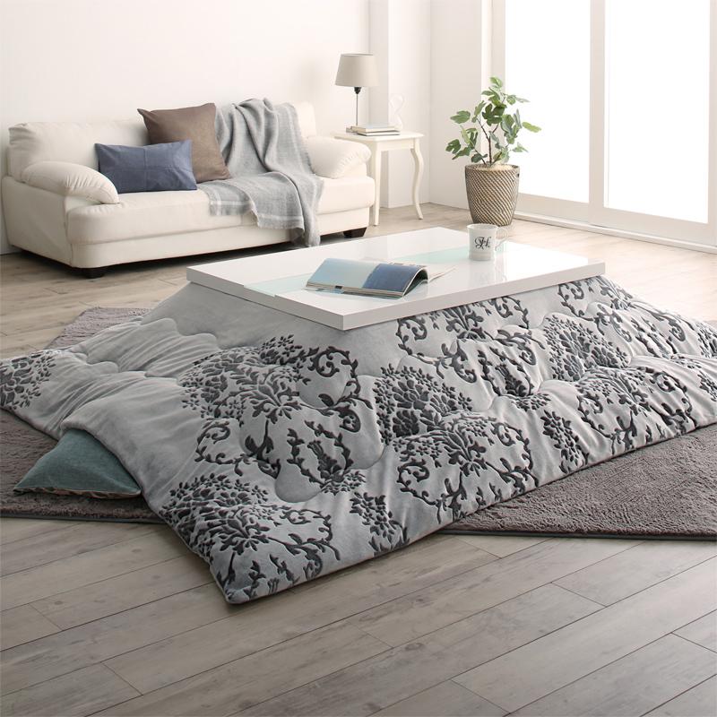ダマスク柄フランネルこたつ布団 Aicia アイシア こたつ用掛け布団 正方形(75×75cm)天板対応 ファブリックカラー グレー