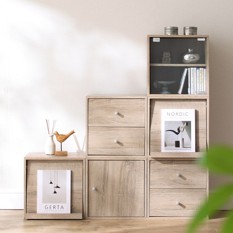 【KASANE】重ねて並べて暮らしを創る キューブボックス 板扉タイプ 本体カラー シナモングレージュ