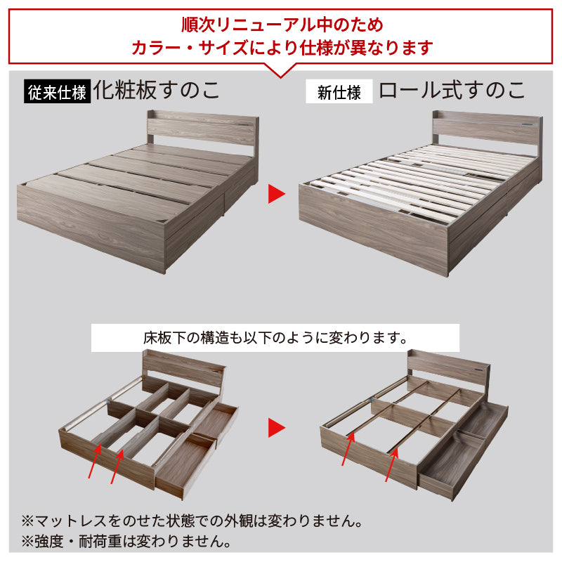 キング&クイーンサイズ 棚・コンセント付 大型天然木調引き出し収納ベッド 【KASANE】