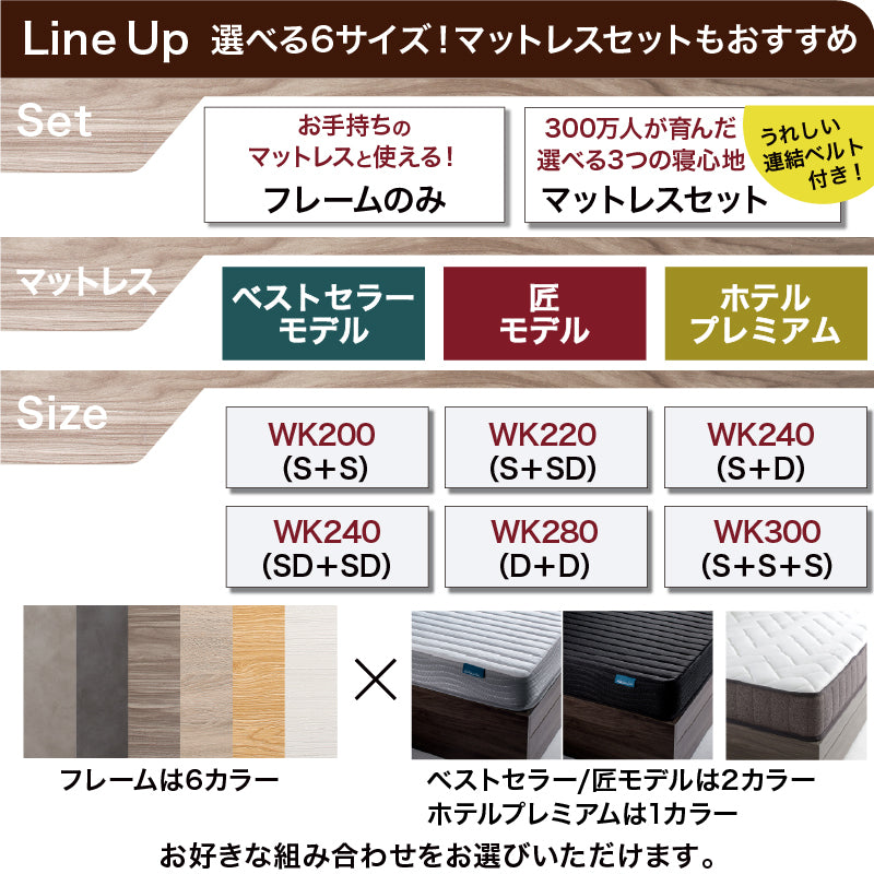 6サイズから選べる 棚・コンセント・引き出し収納付 天然木調連結ファミリーベッド【KASANE】