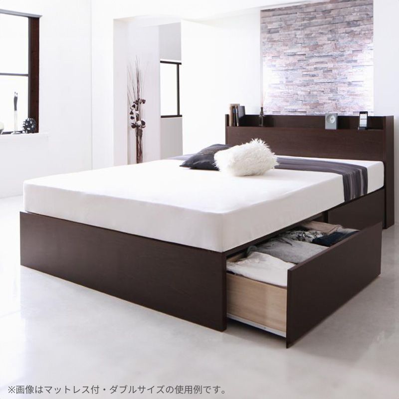 国産 棚・コンセント付き収納ベッド Fleder フレーダー 薄型抗菌国産ポケット付 床板仕様 ダブル フレームカラー ダークブラウン マットレスカラー アイボリー 組立設置サービス付き
