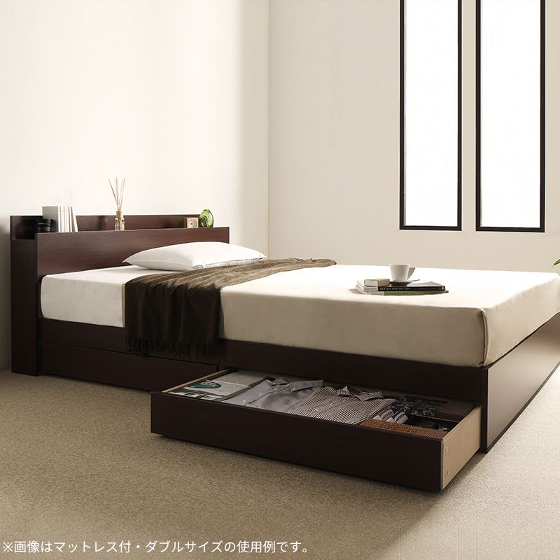 棚・コンセント付き収納ベッド virzell ヴィーゼル プレミアムボンネル付 セミダブル フレームカラー ダークブラウン マットレスカラー ブラック お客様組立