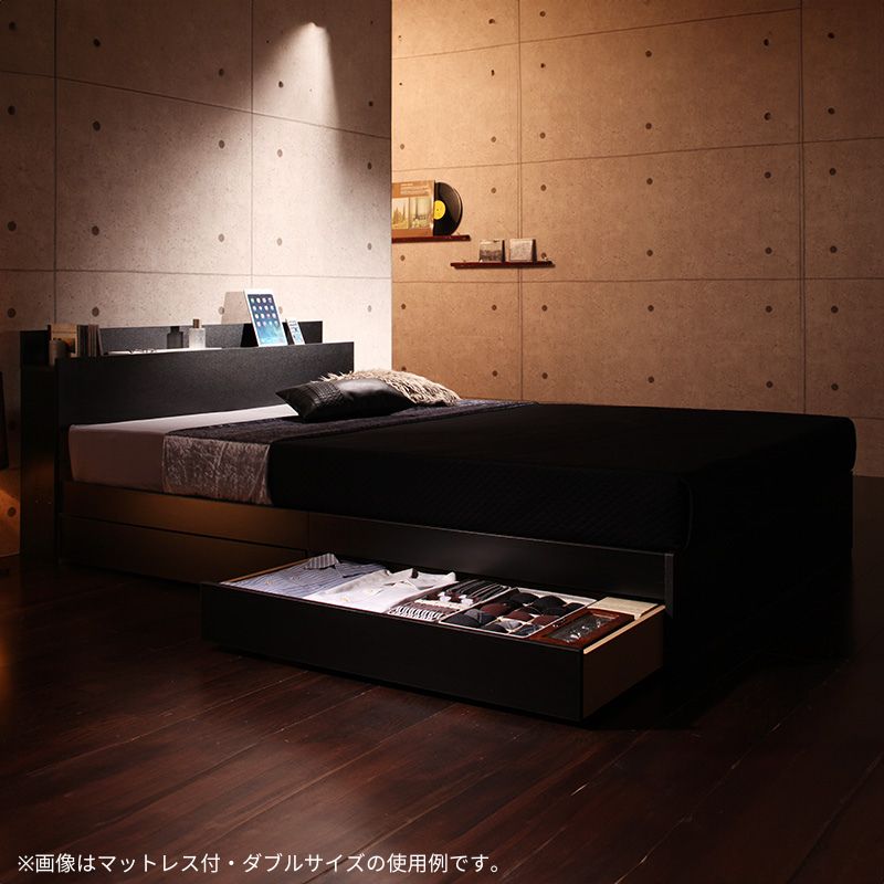 棚・コンセント付き収納ベッド Gute グーテ プレミアムボンネル付 ダブル フレームカラー ブラック マットレスカラー ブラック お客様組立