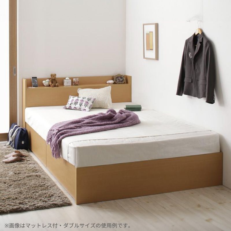 国産 棚・コンセント付き収納ベッド Fleder フレーダー スタンダードポケット付 すのこ仕様 セミダブル フレームカラー ナチュラル マットレスカラー ホワイト お客様組立