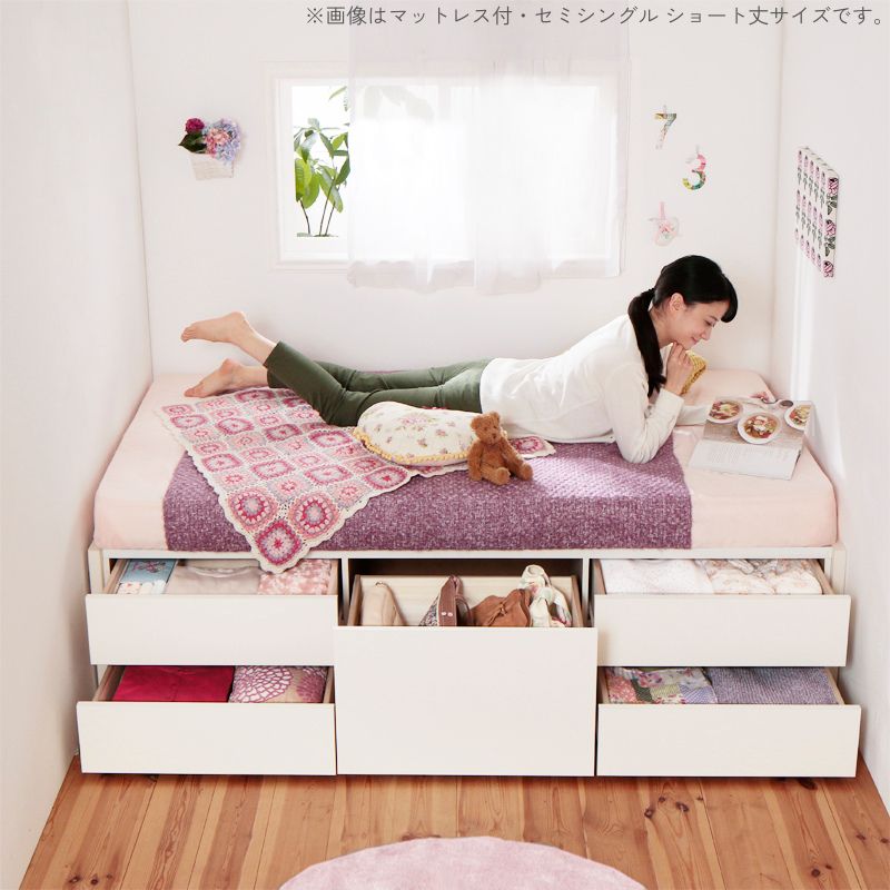 日本製_ヘッドレス大容量コンパクトチェストベッド Creacion クリージョン 薄型プレミアムボンネル付 セミシングル ショート丈 フレームカラー ホワイト お客様組立