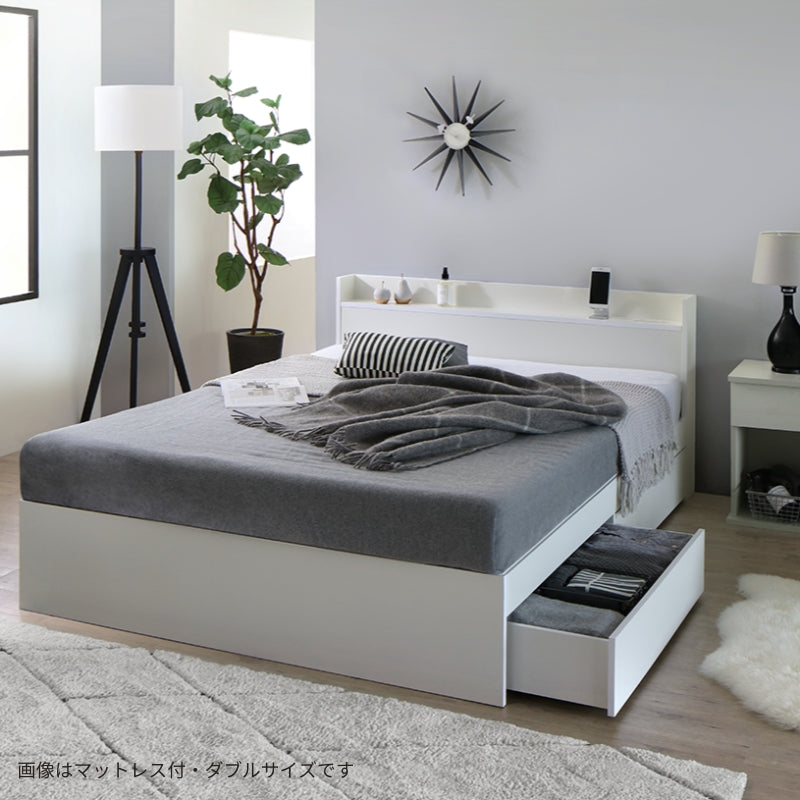 棚・コンセント付 天然木調引き出し収納ベッド 【KASANE】ホワイト マットレス付 ホテルプレミアムモデルマットレス セミダブル フレームカラー ピュアホワイト 寝具カラー お客様組立