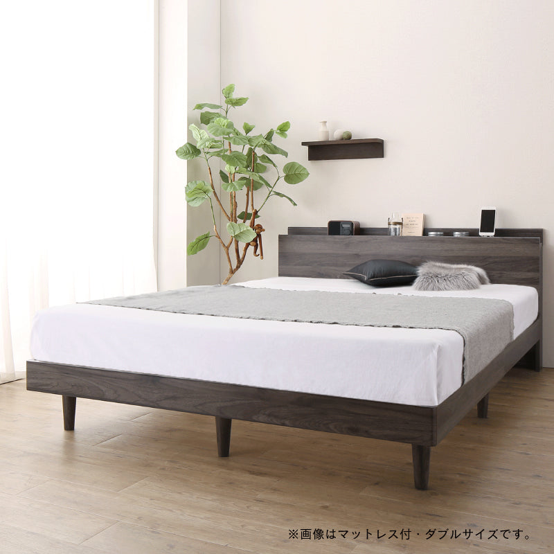 【KASANE】棚・コンセント・脚付き無垢すのこベッド マットレスセット ホテルプレミアムモデルマットレス セミダブル フレームカラー ダークグレー 寝具カラー ホワイト お客様組立