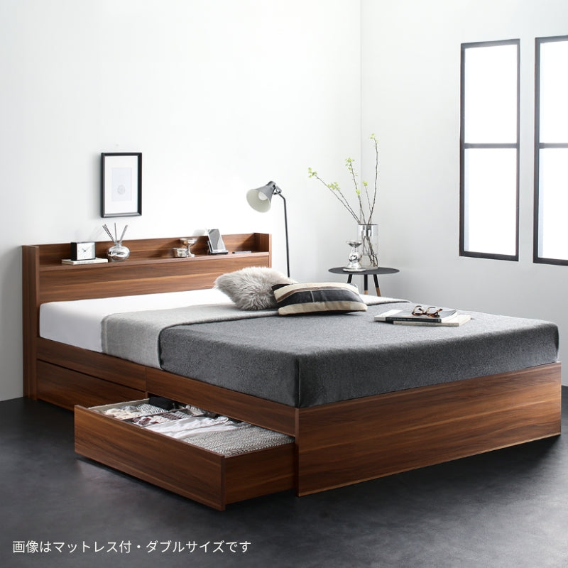 棚・コンセント付 天然木調引き出し収納ベッド 【KASANE】 ベストセラーモデルマットレス付 シングル フレームカラー アクセントブラウン マットレスカラー ブラック お客様組立
