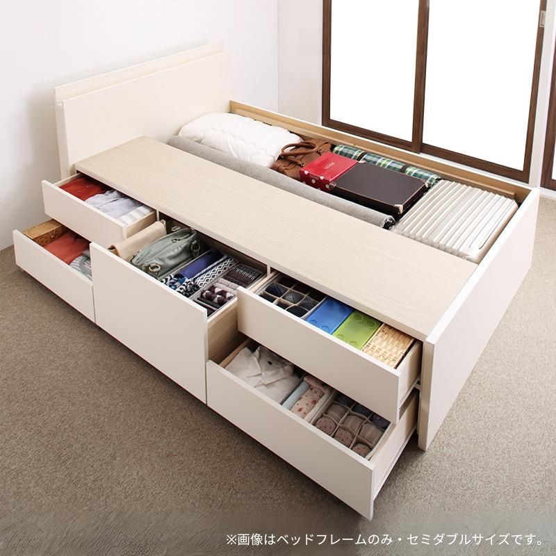 長く使える棚・コンセント付国産頑丈チェスト収納ベッド Heracles ヘラクレス 匠モデルマットレス付 セミシングル フレームカラー ホワイト お客様組立