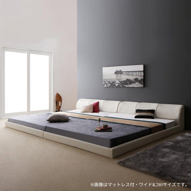 モダンデザインレザーフロアベッド BASTOL バストル プレミアムポケット付 ワイドK200 フレームカラー ホワイト マットレスカラー ブラック 組立設置サービス付き
