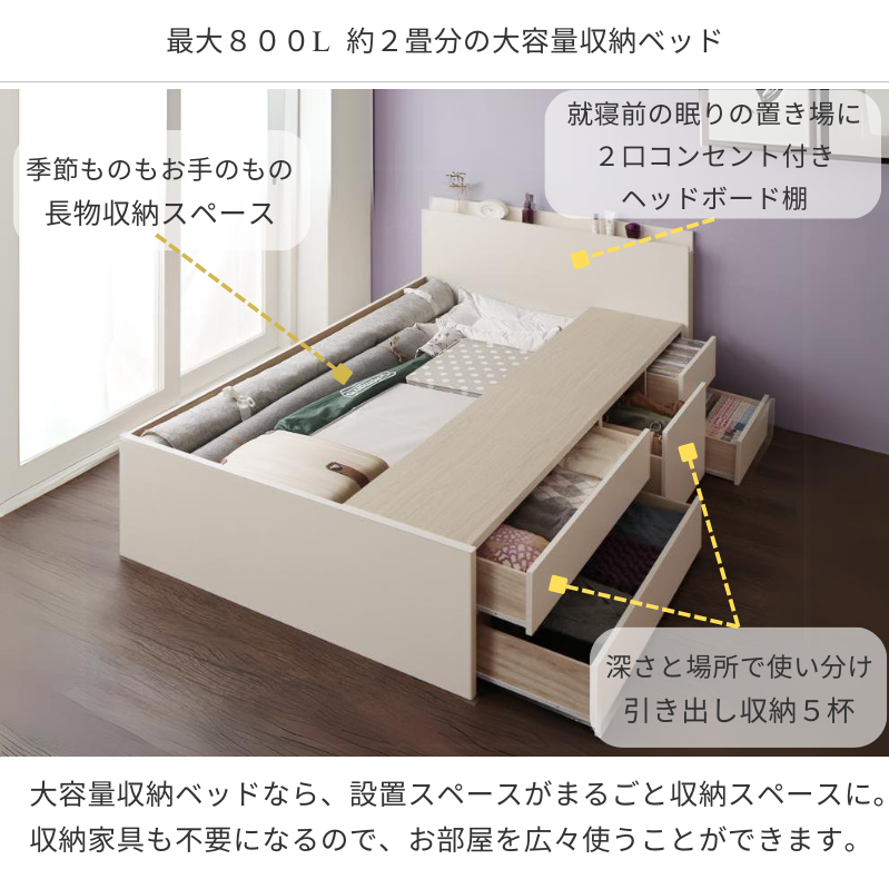 日本製_棚・コンセント付き_大容量チェストベッド Spatium スパシアン