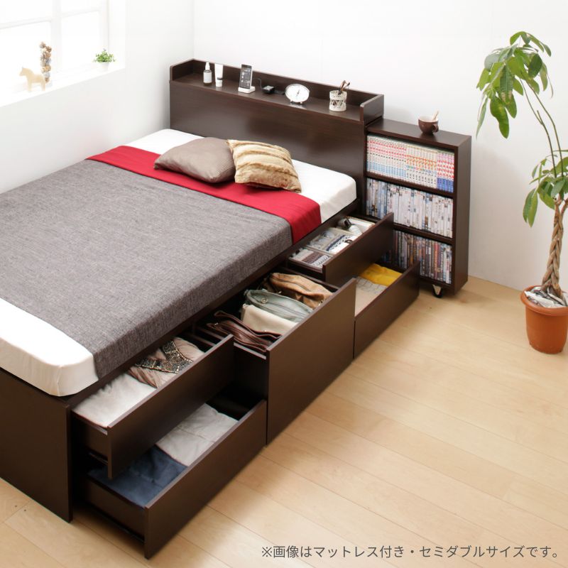 スライド収納付き_大容量チェストベッド Every-IN エブリーイン 薄型プレミアムポケット付 セミダブル レギュラー丈 フレームカラー ダークブラウン マットレスカラー ホワイト お客様組立