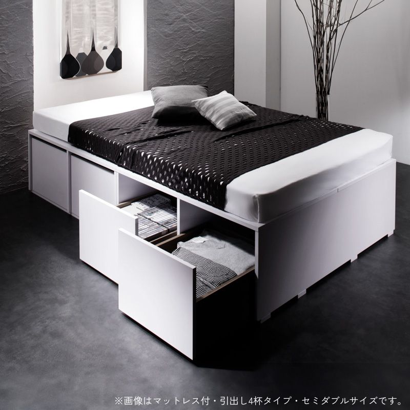 衣装ケースも入る大容量デザイン収納ベッド SCHNEE シュネー 薄型プレミアムポケット付 引出し2杯 セミダブル フレームカラー ホワイト お客様組立