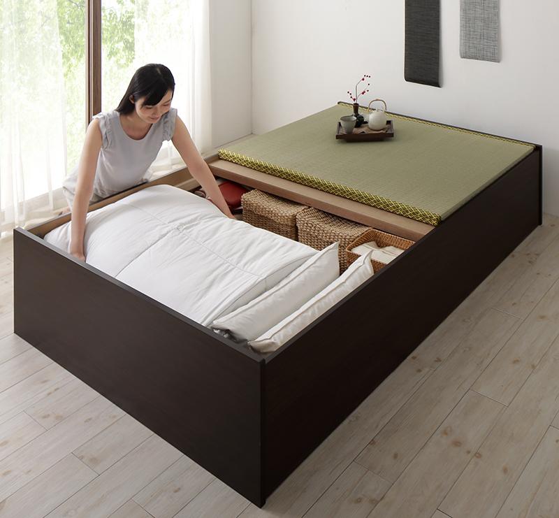 日本製・布団が収納できる大容量収納畳ベッド 悠華 ユハナ ベッドフレームのみ 42cm 洗える畳 シングル フレームカラー ダークブラウン 畳カラー グリーン