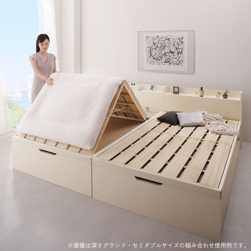 1台で3役使える 国産頑丈すのこ跳ね上げ式大容量収納ベッド Long force ロングフォルス ベッドフレームのみ 深さグランド シングル フレームカラー ホワイト お客様組立