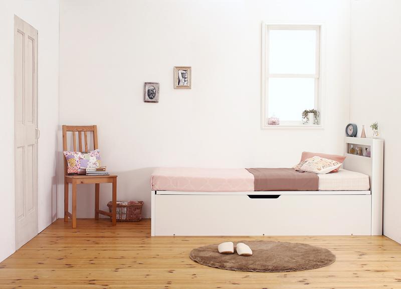 小さな部屋に合うショート丈収納ベッド Odette オデット 薄型スタンダードポケット付 深さラージ シングル ショート丈 フレームカラー ホワイト お客様組立