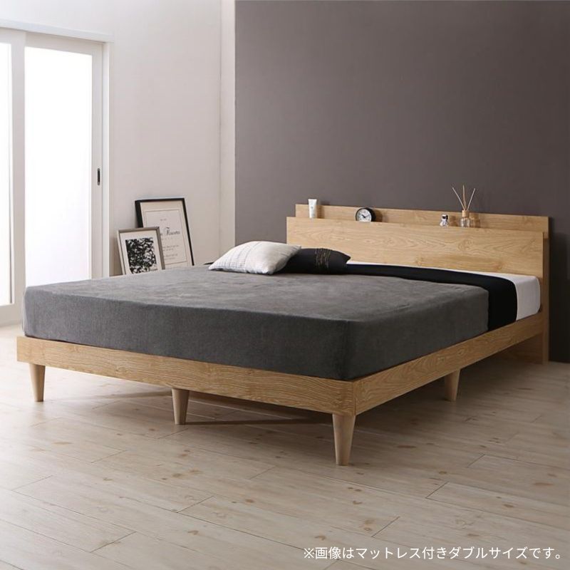 棚・コンセント付きデザインすのこベッド Camille カミーユ プレミアムボンネル付 ダブル フレームカラー ナチュラル マットレスカラー ブラック お客様組立