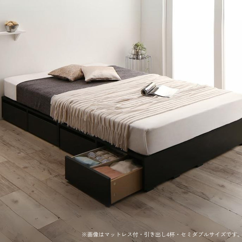 選べる引出収納付きシンプルデザインローベッド Menoce メノーチェ スタンダードボンネル付 引き出し無 セミダブル フレームカラー ブラック マットレスカラー ホワイト 組立設置サービス付き