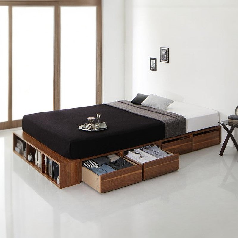 衣装ケースも入る大容量デザイン収納ロングサイズベッド Daryl-long ダリル・ロング ベッドフレームのみ 引き出し無 セミダブル ロング丈 フレームカラー ウォルナットブラウン お客様組立