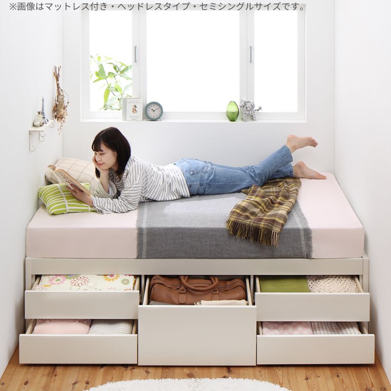 日本製 大容量コンパクトすのこチェスト収納ベッド Shocoto ショコット 薄型プレミアムボンネル付 ヘッドレス シングル フレームカラー ホワイト お客様組立