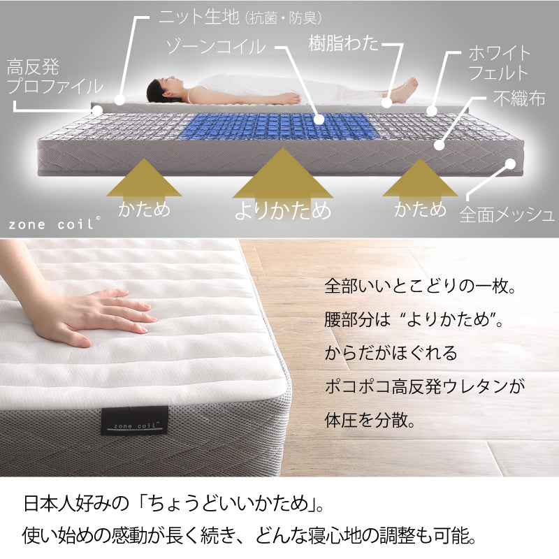 日本人好みのちょうどいいかための寝心地で気持ちよく眠れる、シングル･セミダブル･ダブルがあるゾーンコイルマットレス