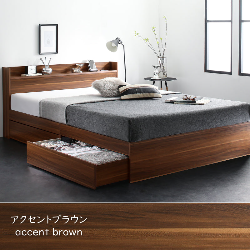棚・コンセント付 天然木調引き出し収納ベッド 【KASANE】 ホテルプレミアムマットレス付 セミダブル フレームカラー ダークシャドウ マットレスカラー ホワイト 組立設置サービス付き