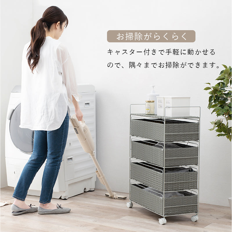 キャスター付きで手軽さ満天 ラタン調ランドリーラック