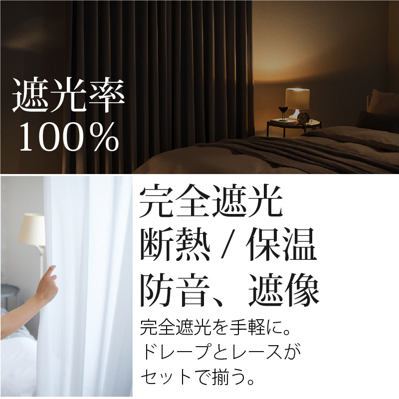 国産完全遮光カーテン 断熱・保温・形状記憶・UVカット・遮像 ドレープ4色&レース2色×5サイズ