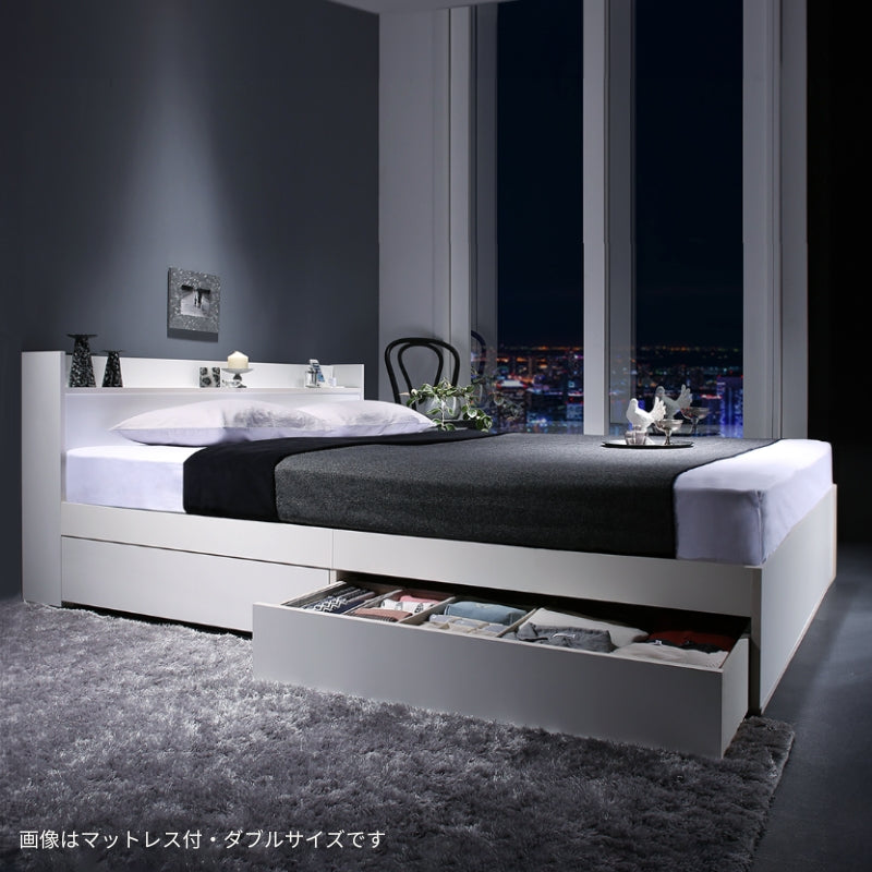 棚・コンセント付 天然木調引き出し収納ベッド 【KASANE】 ホテルプレミアムマットレス付 セミダブル フレームカラー ピュアホワイト マットレスカラー ホワイト 組立設置サービス付き